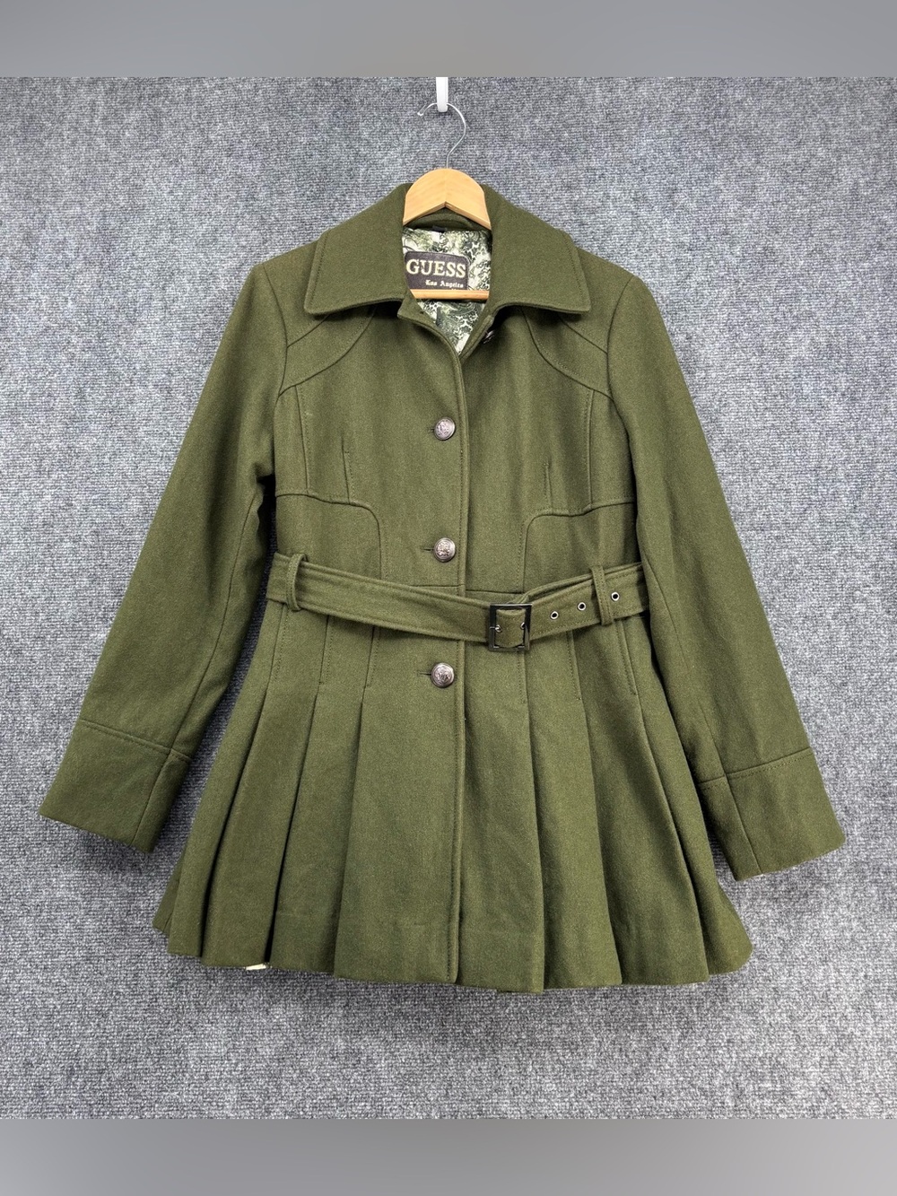 Guess Y2K Dark Academia Olive Green Pleated Peacoat Women’s XL Wool Blend